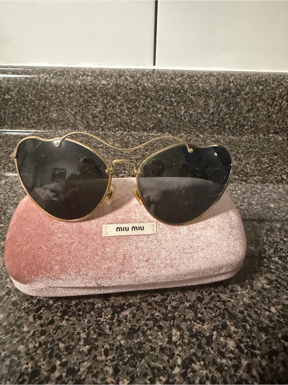 Miu Miu Gold Heart-Shaped Sunglasses with Black Lenses